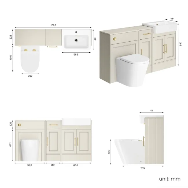 Monaco Chalk White Combination Vanity Basin and Boston Toilet 1500mm - Brass Knurled Handles