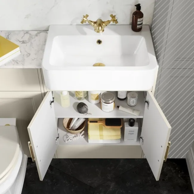 Monaco Chalk White Combination Vanity Basin with Marble Top & Hudson Toilet with Wooden Seat 1200mm - Brass Knurled Handles