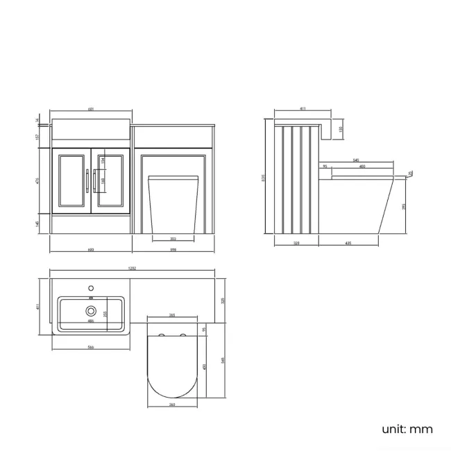 Monaco Chalk White Combination Vanity Basin with Marble Top & Boston Toilet 1200mm - Brass Knurled Handles