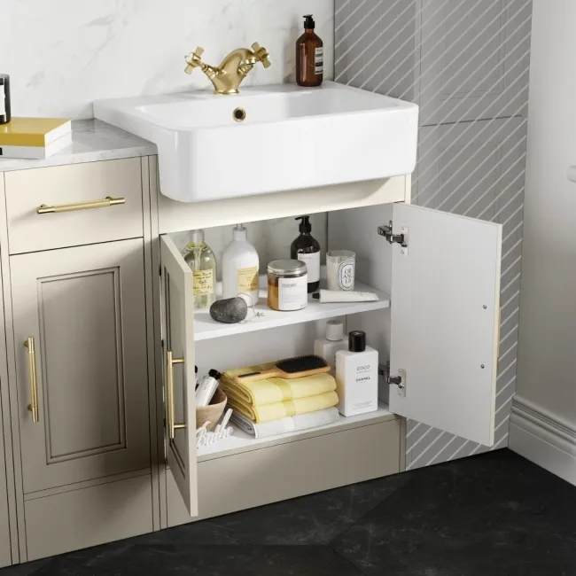 Monaco Chalk White Combination Vanity Basin with Marble Top and Seattle Toilet 1500mm - Brass Knurled Handles