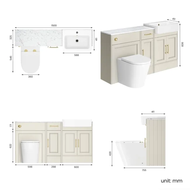Monaco Chalk White Combination Vanity Basin with Marble Top and Boston Toilet 1500mm - Brass Knurled Handles