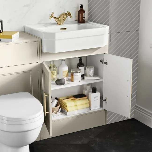 Monaco Chalk White Combination Vanity Traditional Basin and Seattle Toilet 1200mm - Brass Knurled Handles