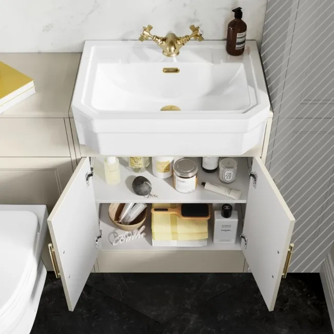 Monaco Chalk White Combination Vanity Traditional Basin and Seattle Toilet 1200mm - Brass Knurled Handles