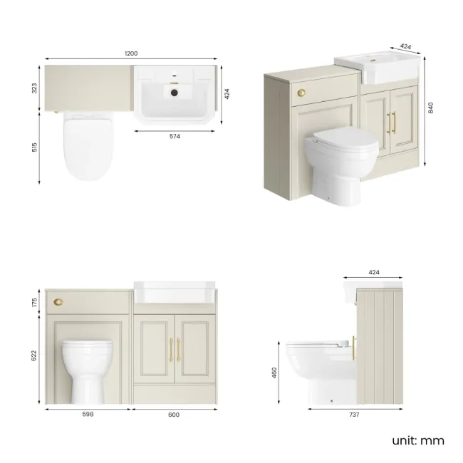 Monaco Chalk White Combination Vanity Traditional Basin and Seattle Toilet 1200mm - Brass Knurled Handles