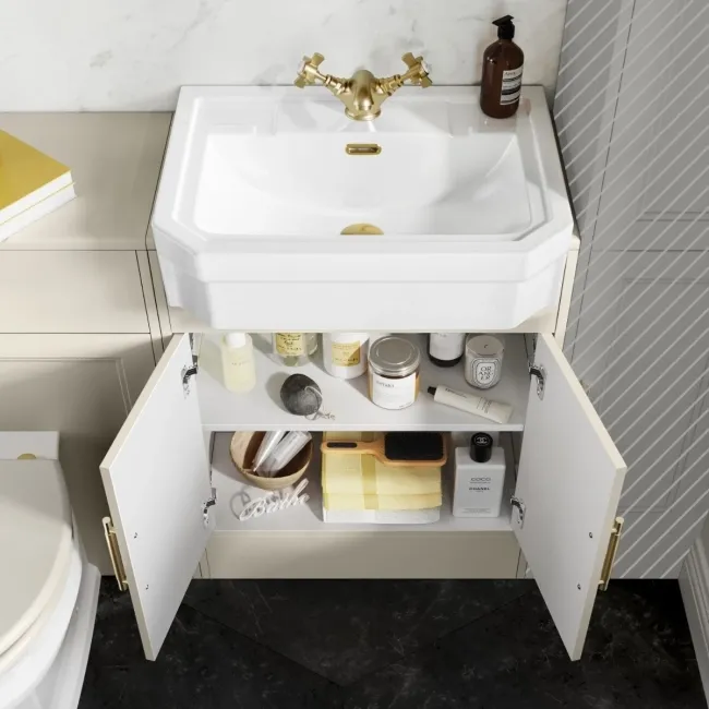 Monaco Chalk White Combination Vanity Traditional Basin and Hudson Toilet with Wooden Seat 1200mm - Brass Knurled Handles