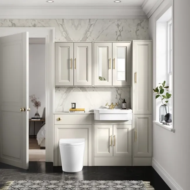 Monaco Chalk White Combination Vanity Traditional Basin and Boston Toilet 1200mm - Brass Knurled Handles