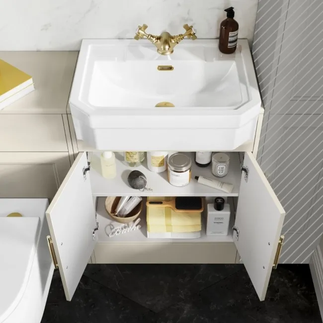 Monaco Chalk White Combination Vanity Traditional Basin and Boston Toilet 1200mm - Brass Knurled Handles