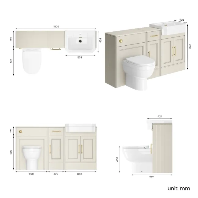 Monaco Chalk White Combination Vanity Traditional Basin and Seattle Toilet 1500mm - Brass Knurled Handles