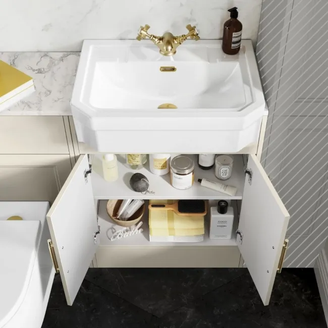 Monaco Chalk White Combination Vanity Traditional Basin with Marble Top & Boston Toilet 1200mm - Brass Knurled Handles