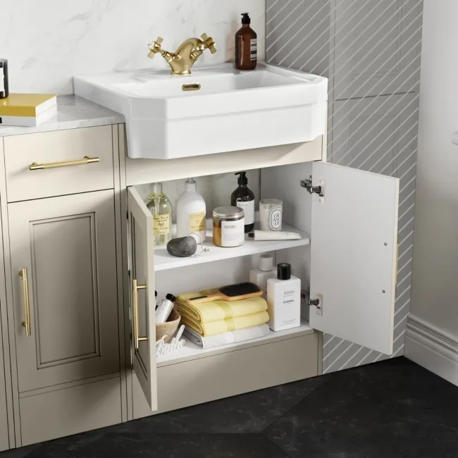 Monaco Chalk White Combination Vanity Traditional Basin with Marble Top and Seattle Toilet 1500mm - Brass Knurled Handles