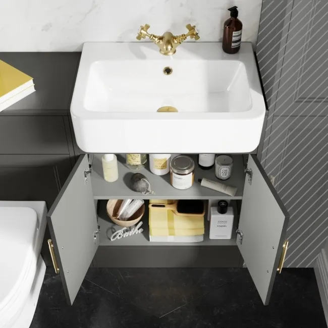 Monaco Graphite Grey Combination Vanity Basin and Seattle Toilet 1200mm - Brass Knurled Handles