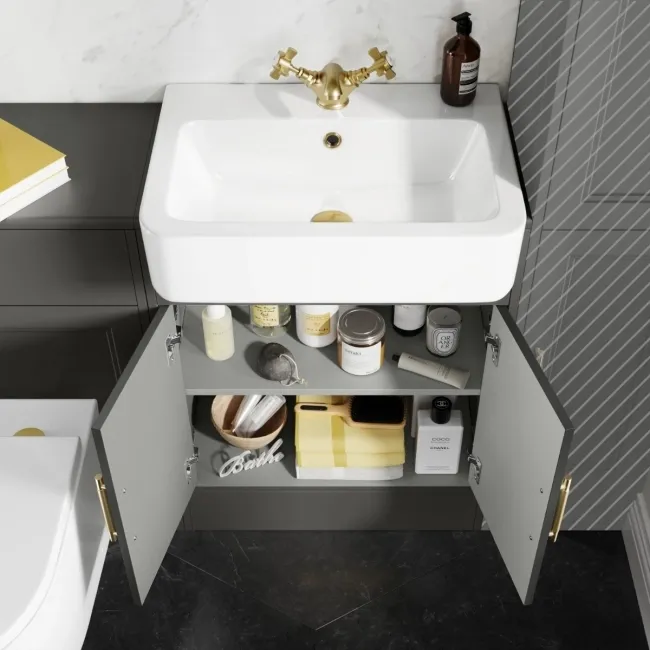 Monaco Graphite Grey Combination Vanity Basin and Boston Toilet 1200mm - Brass Knurled Handles