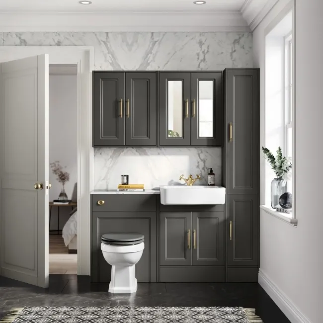 Monaco Graphite Grey Combination Vanity Basin with Marble Top & Hudson Toilet with Wooden Seat 1200mm - Brass Knurled Handles