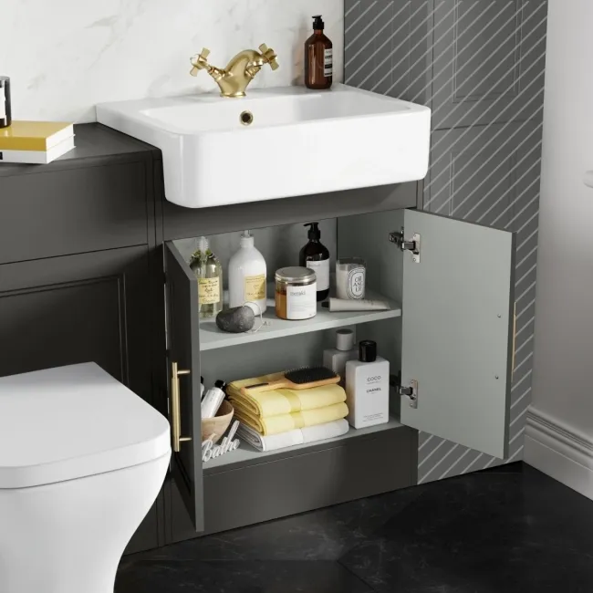 Monaco Graphite Grey Combination Vanity Basin with Marble Top & Atlanta Toilet 1200mm - Brass Knurled Handles