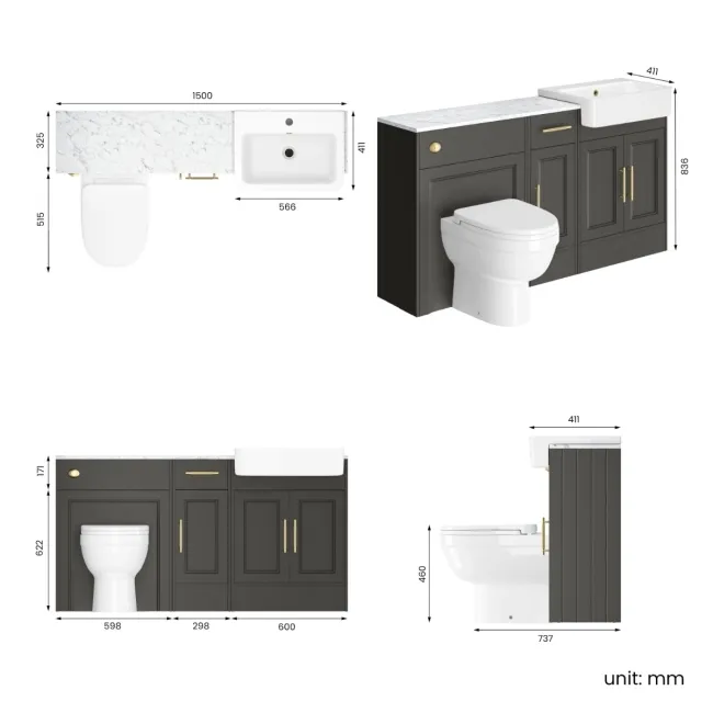 Monaco Graphite Grey Combination Vanity Basin with Marble Top and Seattle Toilet 1500mm - Brass Knurled Handles