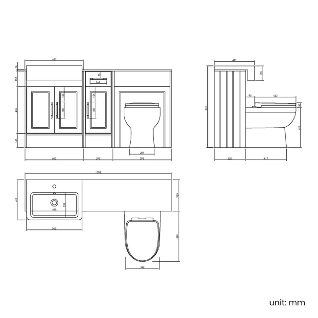Monaco Graphite Grey Combination Vanity Basin with Marble Top and Seattle Toilet 1500mm - Brass Knurled Handles