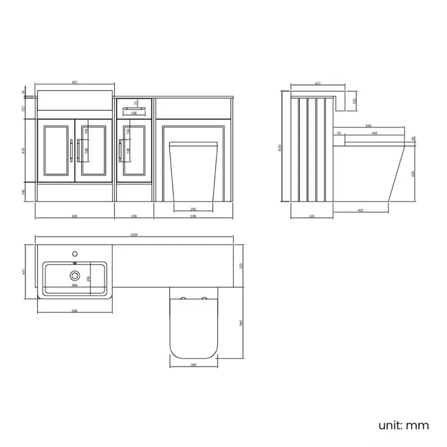 Monaco Graphite Grey Combination Vanity Basin with Marble Top and Boston Toilet 1500mm - Brass Knurled Handles