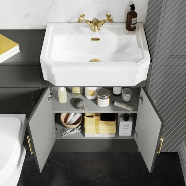 Monaco Graphite Grey Combination Vanity Traditional Basin and Seattle Toilet 1200mm - Brass Knurled Handles
