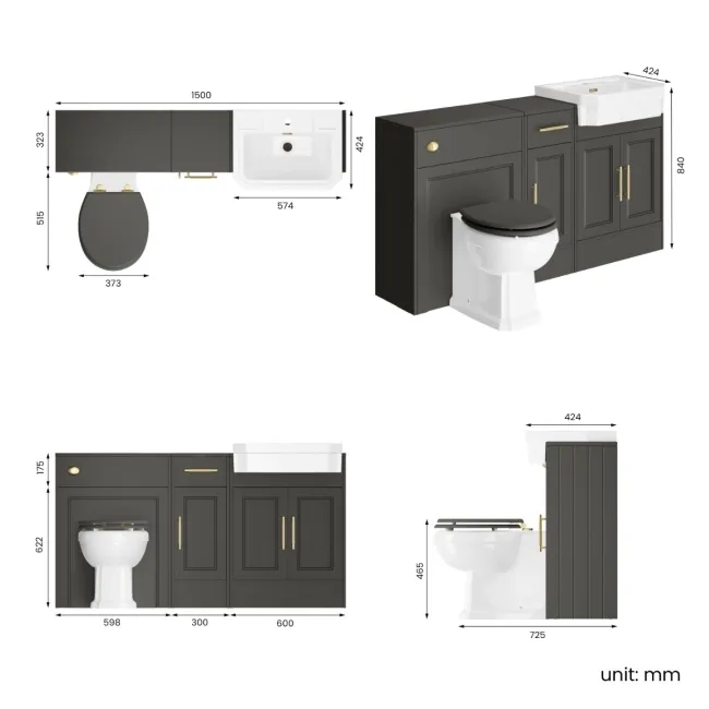 Monaco Graphite Grey Combination Vanity Traditional Basin and Hudson Toilet with Wooden Seat 1500mm - Brass Knurled Handles