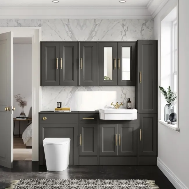 Monaco Graphite Grey Combination Vanity Traditional Basin and Boston Toilet 1500mm - Brass Knurled Handles