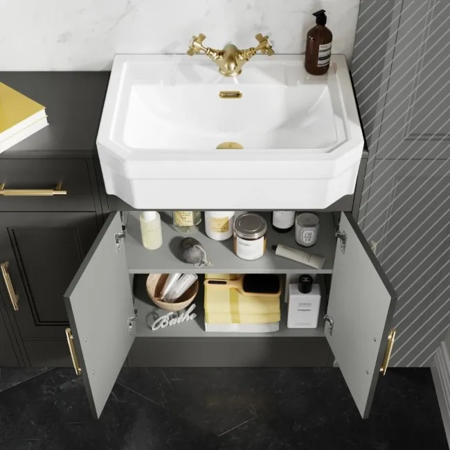 Monaco Graphite Grey Combination Vanity Traditional Basin and Boston Toilet 1500mm - Brass Knurled Handles