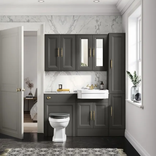 Monaco Graphite Grey Combination Vanity Traditional Basin with Marble Top & Hudson Toilet with Wooden Seat 1200mm - Brass Knurled Handles