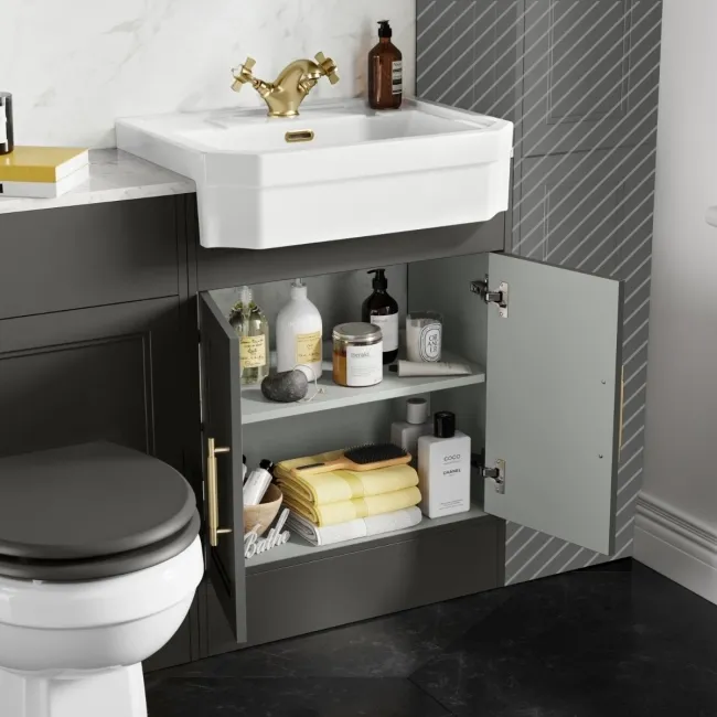 Monaco Graphite Grey Combination Vanity Traditional Basin with Marble Top & Hudson Toilet with Wooden Seat 1200mm - Brass Knurled Handles
