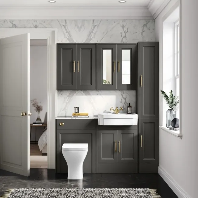 Monaco Graphite Grey Combination Vanity Traditional Basin with Marble Top & Atlanta Toilet 1200mm - Brass Knurled Handles
