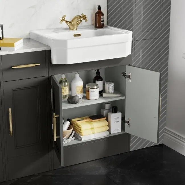 Monaco Graphite Grey Combination Vanity Traditional Basin with Marble Top and Seattle Toilet 1500mm - Brass Knurled Handles