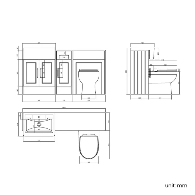 Monaco Graphite Grey Combination Vanity Traditional Basin with Marble Top and Seattle Toilet 1500mm - Brass Knurled Handles