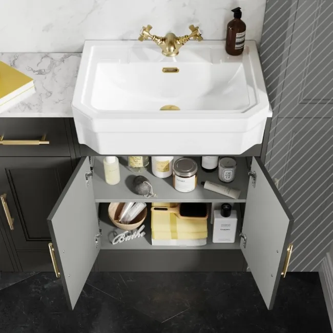 Monaco Graphite Grey Combination Vanity Traditional Basin with Marble Top and Boston Toilet 1500mm - Brass Knurled Handles