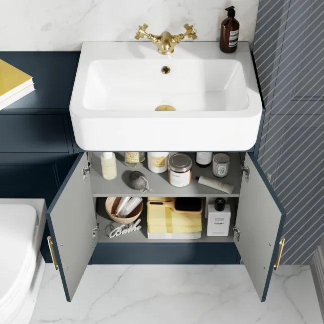 Monaco Inky Blue Combination Vanity Basin and Seattle Toilet 1200mm - Brass Knurled Handles