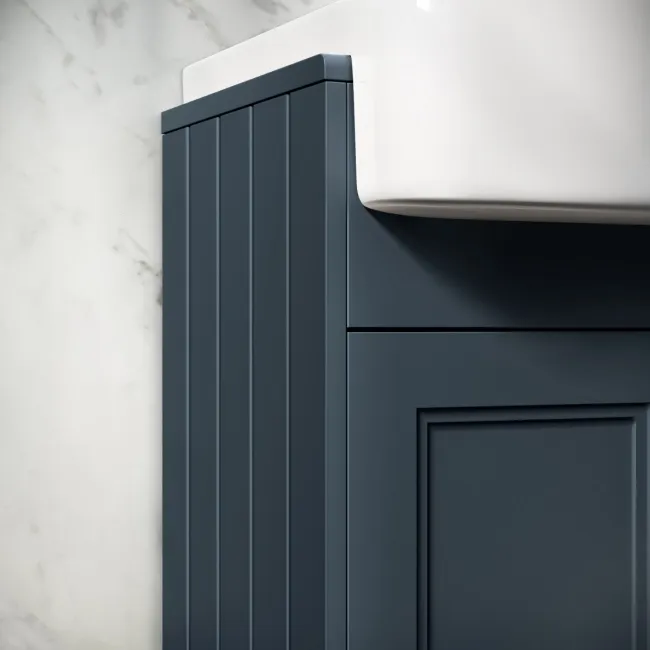 Monaco Inky Blue Combination Vanity Basin and Hudson Toilet with Wooden Seat 1200mm - Brass Knurled Handles