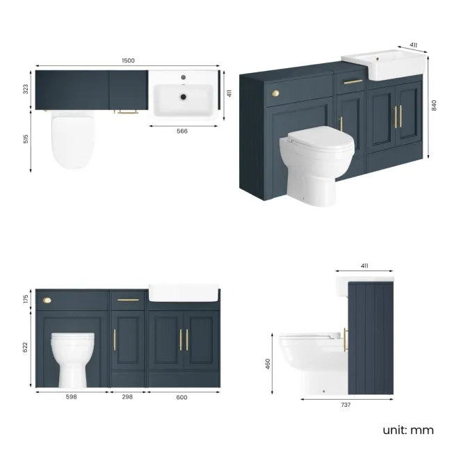 Monaco Inky Blue Combination Vanity Basin and Seattle Toilet 1500mm - Brass Knurled Handles