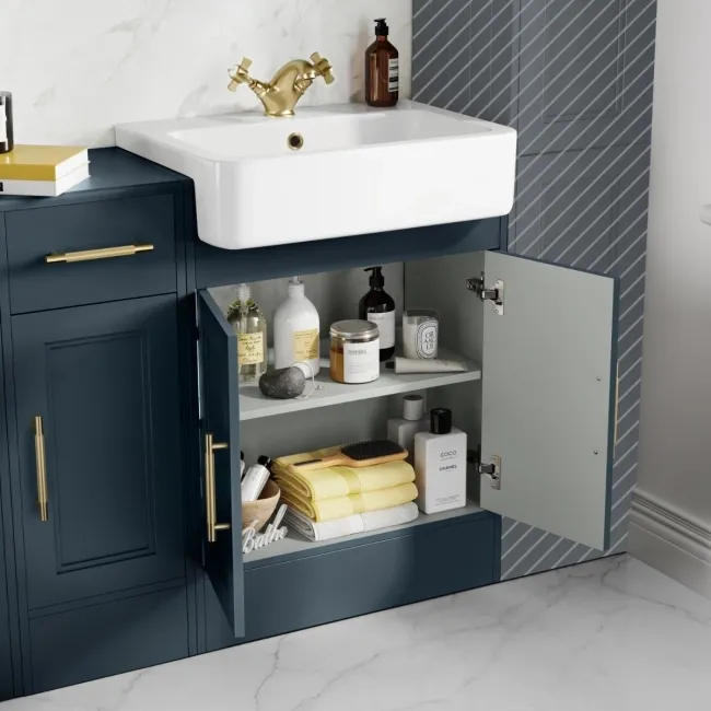 Monaco Inky Blue Combination Vanity Basin and Boston Toilet 1500mm - Brass Knurled Handles