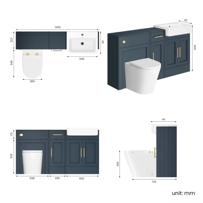 Monaco Inky Blue Combination Vanity Basin and Boston Toilet 1500mm - Brass Knurled Handles