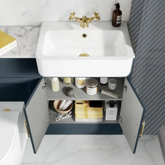 Monaco Inky Blue Combination Vanity Basin with Marble Top & Boston Toilet 1200mm - Brass Knurled Handles