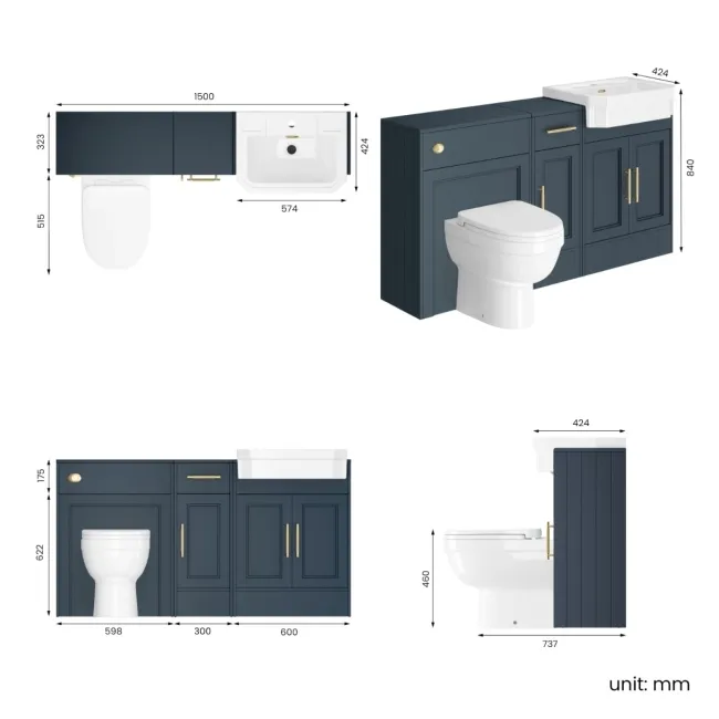 Monaco Inky Blue Combination Vanity Traditional Basin and Seattle Toilet 1500mm - Brass Knurled Handles