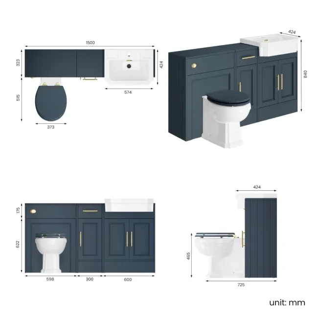 Monaco Inky Blue Combination Vanity Traditional Basin and Hudson Toilet with Wooden Seat 1500mm - Brass Knurled Handles