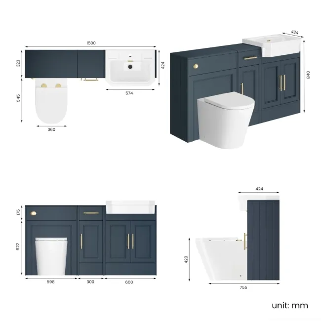 Monaco Inky Blue Combination Vanity Traditional Basin and Boston Toilet 1500mm - Brass Knurled Handles