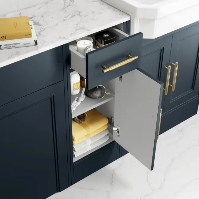 Monaco Inky Blue Combination Vanity Traditional Basin with Marble Top and Seattle Toilet 1500mm - Brass Knurled Handles