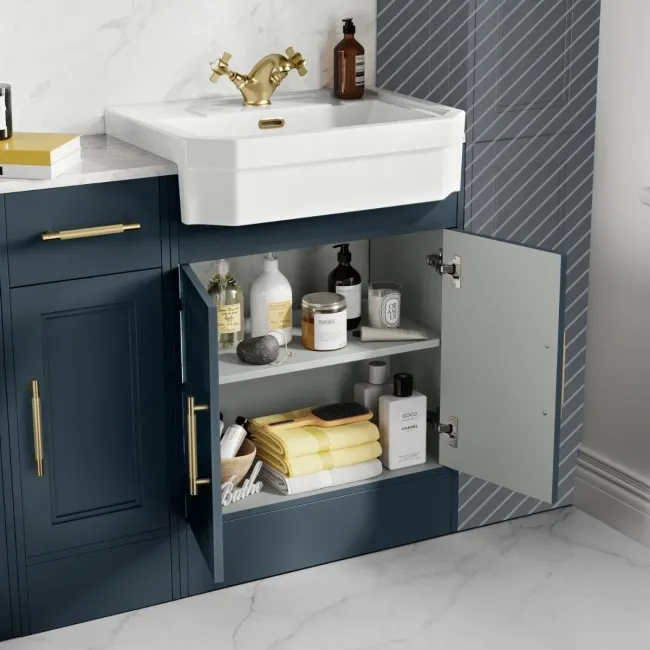 Monaco Inky Blue Combination Vanity Traditional Basin with Marble Top & Hudson Toilet with Wooden Seat 1500mm - Brass Knurled Handles