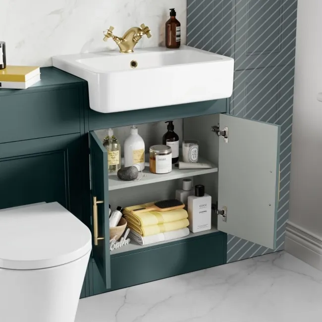 Monaco Midnight Green Combination Vanity Basin and Boston Toilet 1200mm - Brass Knurled Handles