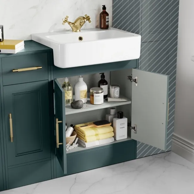 Monaco Midnight Green Combination Vanity Basin and Hudson Toilet with Wooden Seat 1500mm - Brass Knurled Handles