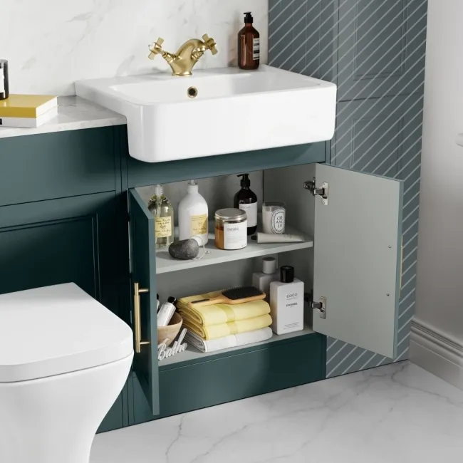 Monaco Midnight Green Combination Vanity Basin with Marble Top & Atlanta Toilet 1200mm - Brass Knurled Handles