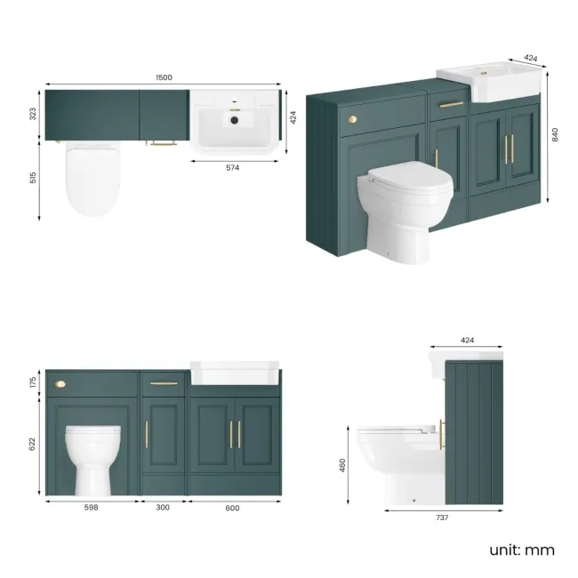 Monaco Midnight Green Combination Vanity Traditional Basin and Seattle Toilet 1500mm - Brass Knurled Handles