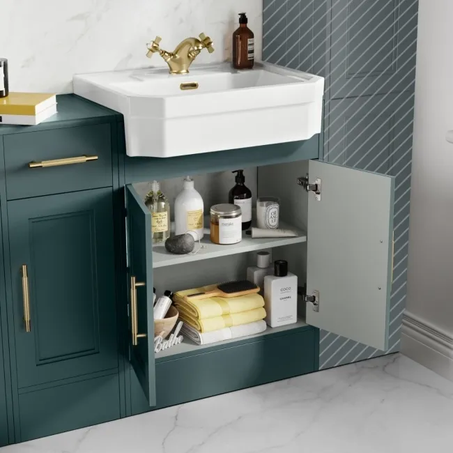 Monaco Midnight Green Combination Vanity Traditional Basin and Boston Toilet 1500mm - Brass Knurled Handles