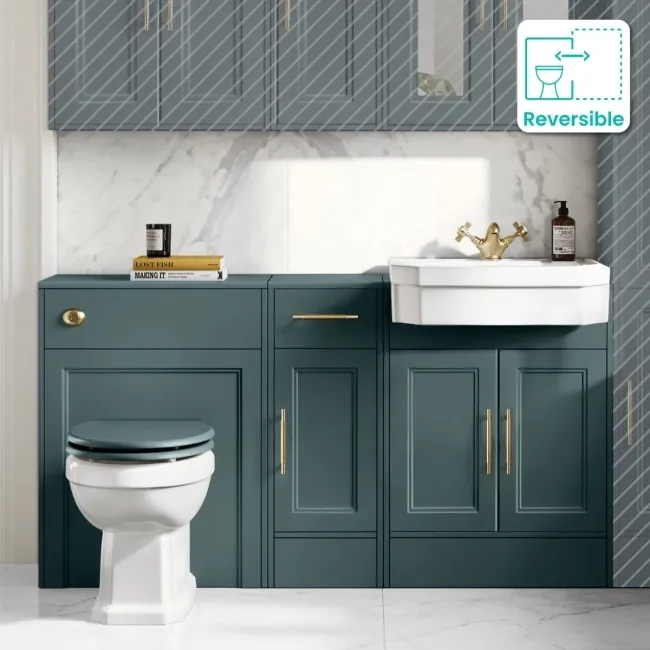Monaco Midnight Green Combination Vanity Traditional Basin and Hudson Toilet with Wooden Seat 1500mm - Brass Knurled Handles