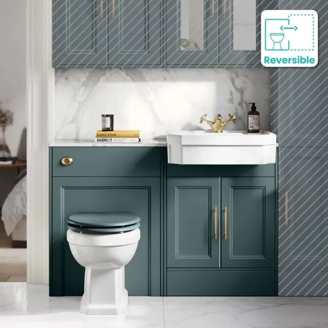 Monaco Midnight Green Combination Vanity Traditional Basin with Marble Top & Hudson Toilet with Wooden Seat 1200mm - Brass Knurled Handles