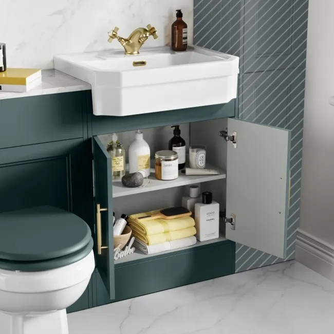 Monaco Midnight Green Combination Vanity Traditional Basin with Marble Top & Hudson Toilet with Wooden Seat 1200mm - Brass Knurled Handles